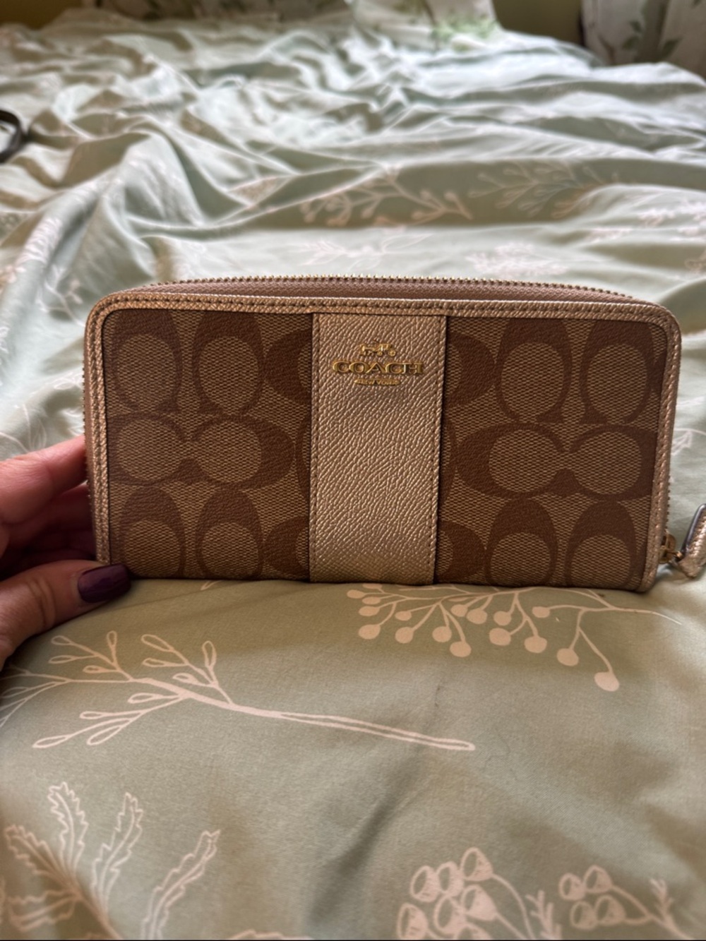 Coach Brown and Tan Signature Zip Wallet with Gold Logo